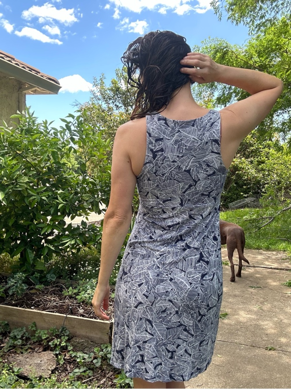 Botanical Leaf Print Athleta Navy and White Sleeveless Dress